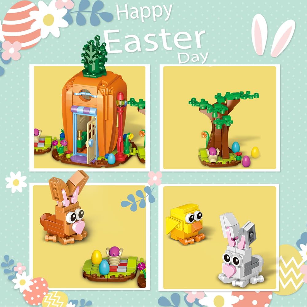 Jarsant Easter Bunny Carrot House Building Set, 2 Rabbits, Chick, Colorful Easter Egg and Basket Toy, Brickheadz Pets Building B