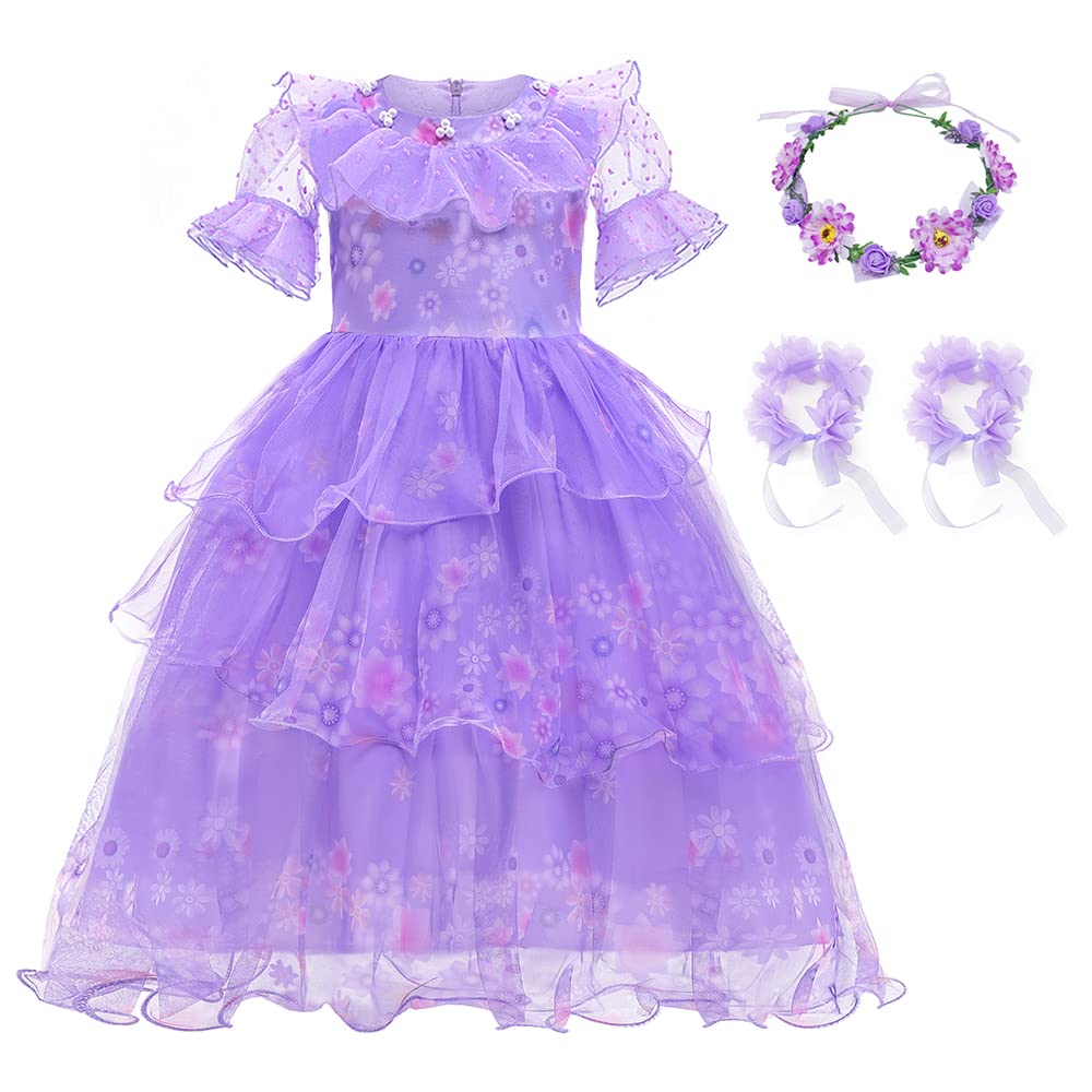 Ccjrlm Encanto Dress Mirabel Dress Encanto,Isabella Encanto Costume For Girls Cosplay Dress Up With Glasses Earrings 9-10 Years
