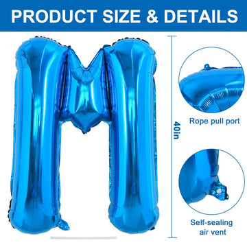 Toniful 40 Inch Large Blue Letter Mballoons Giant Alphabet Letter Balloons,Foil Mylar Big Balloons For Birthday Party Anniversar
