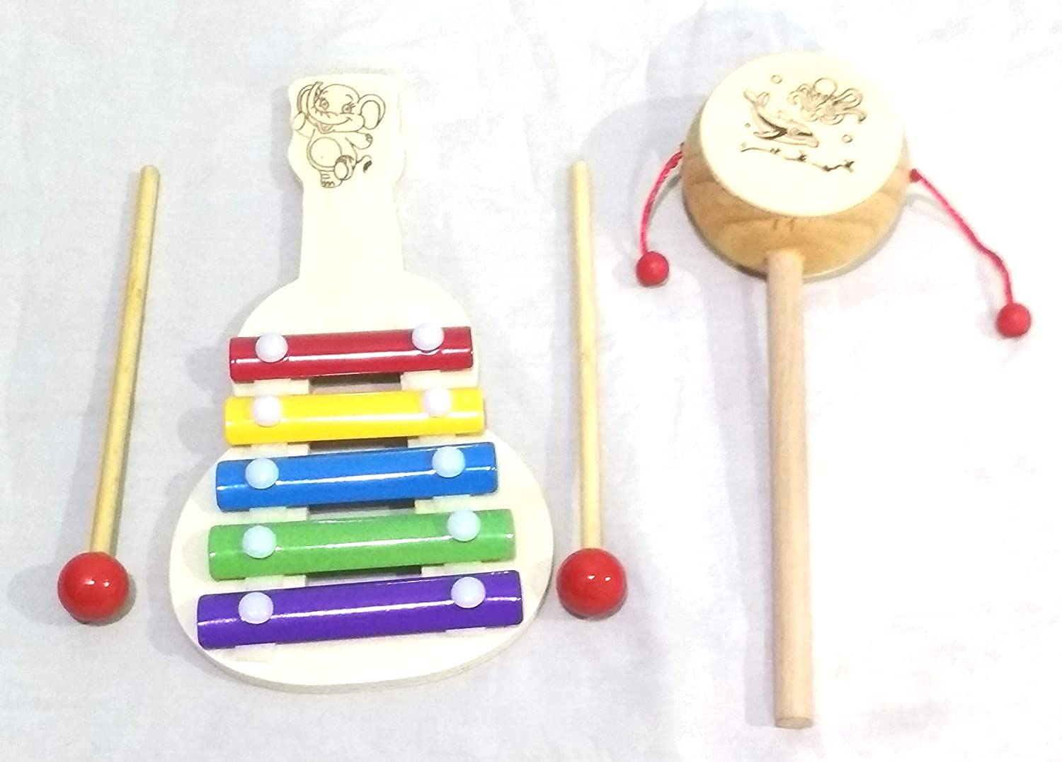 Antlantic Wood Store Wooden Xylophone 5 Notes Musical Toy And Damaru Combo  18 Cms