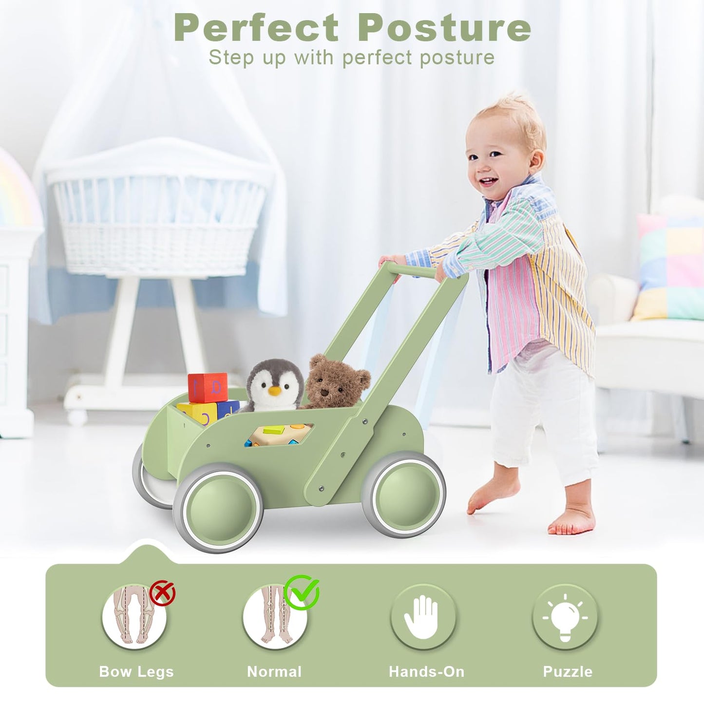 Wooden Baby Walker For Infants To Toddler, Baby Push Walker With Wheels For Boys Girls, Toys Gift For Birthday Christmas New Yea