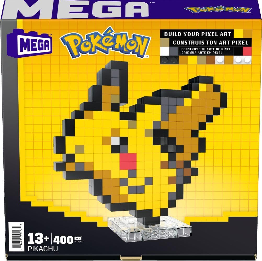 Mega Pok?mon Pikachu Construction Set  Articulated Figure  Retro Pixelated Style  15 cm  Wall or Table Decoration  400 Pieces  Collectable  Children's Toy  Age 7 Years  HTH74