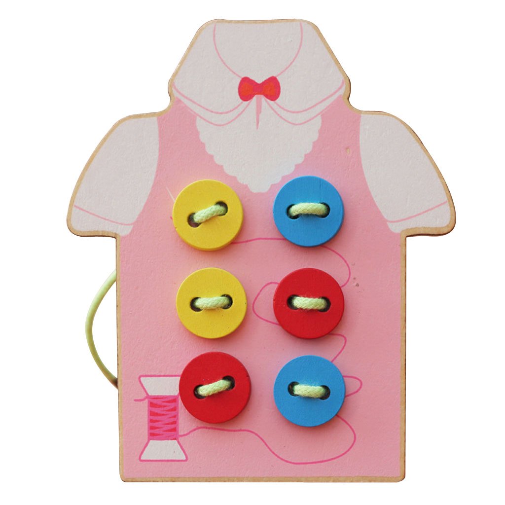 ATORSE Kids Wooden Threading Button Beads Lacing Board Toy Pink