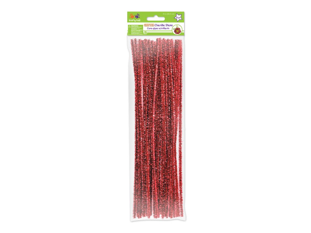 Krafty Kids GC025J 35 Piece Tinsel Chenille Stems Glitter Pipe Cleaners, 6mm by 12, Ruby Red