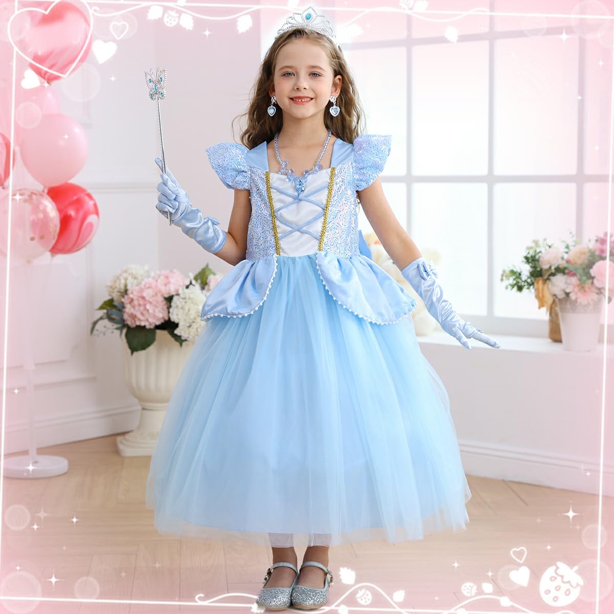 Luzlen Cinderella Costume For Girls Kids Blue Princess Dress With Accessories Halloween Birthday Party Outfits, 6-7Y(Tag 140)