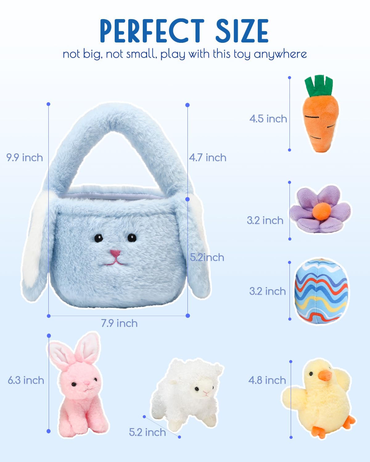 7 Piece Plush Stuffed Animals Playset Toys With Rabbit, Chick, Lamb, Carrot, Egg, Flower, Furry Bag, Soft Basket Set Toys For Gi
