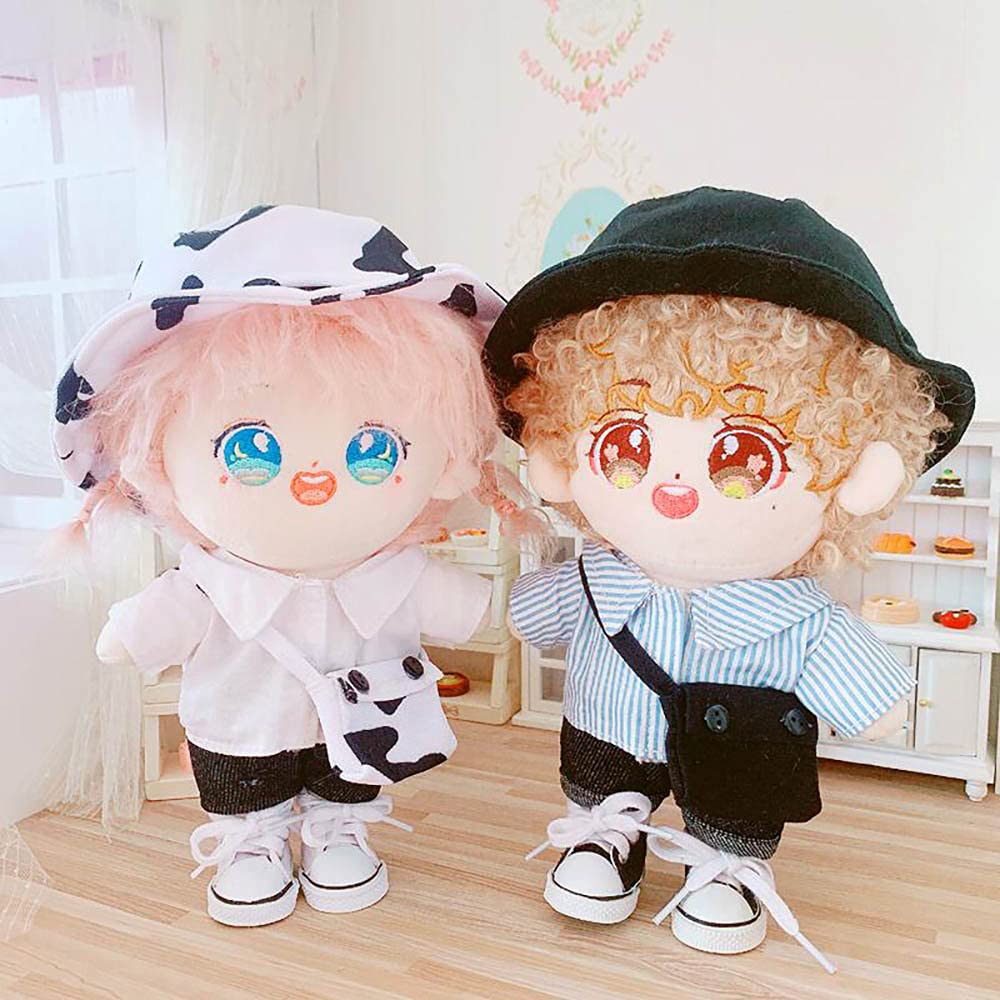 Niannyyhouse Cow Clothes Suit 20Cm(7.8In) Plush Doll Clothes Fisherman'S Hat Denim Shorts White Shirt Doll Dressup(White)