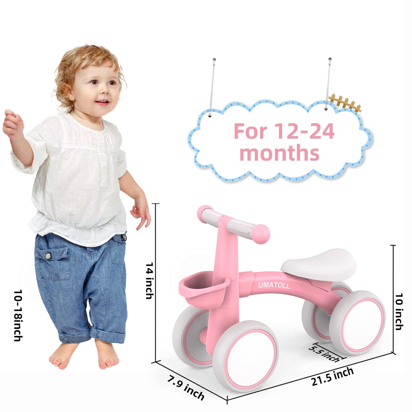 Umatoll Baby Balance Bike for 1 Year Old Boys Girls, 12-24 Months Toddler Balance Bike with Removable Basket, Adjustable Seat, 4