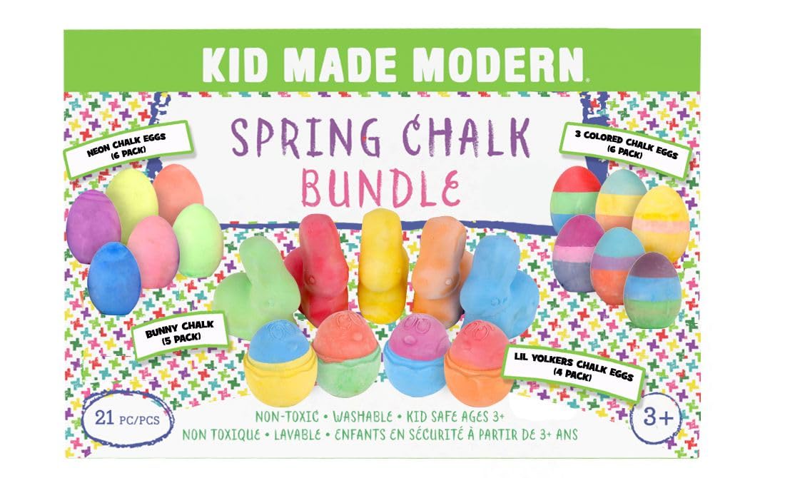 Kid Made Modern Ultimate Sidewalk Spring Chalk Bundle - 6 Neon, 6 Colored, 4 Lil Yolkers Eggs & 5 Bunny Chalks - Dustless, Washa