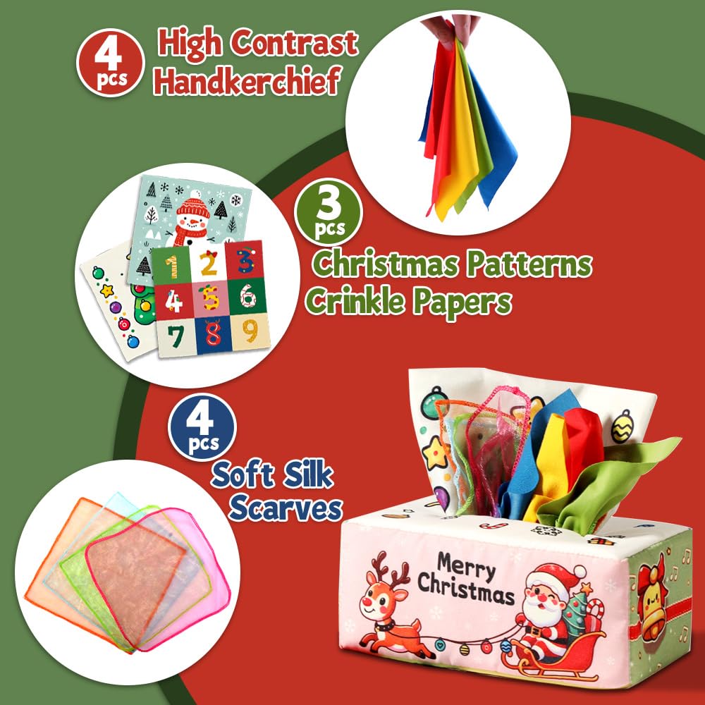 Waybla Christmas Baby Toy For 6-12M – Christmas Tissue Box Sensory Pull Toy With Crinkle Papers, Handkerchiefs & Scarves – Ideal Stocking Stuffer For Toddlers