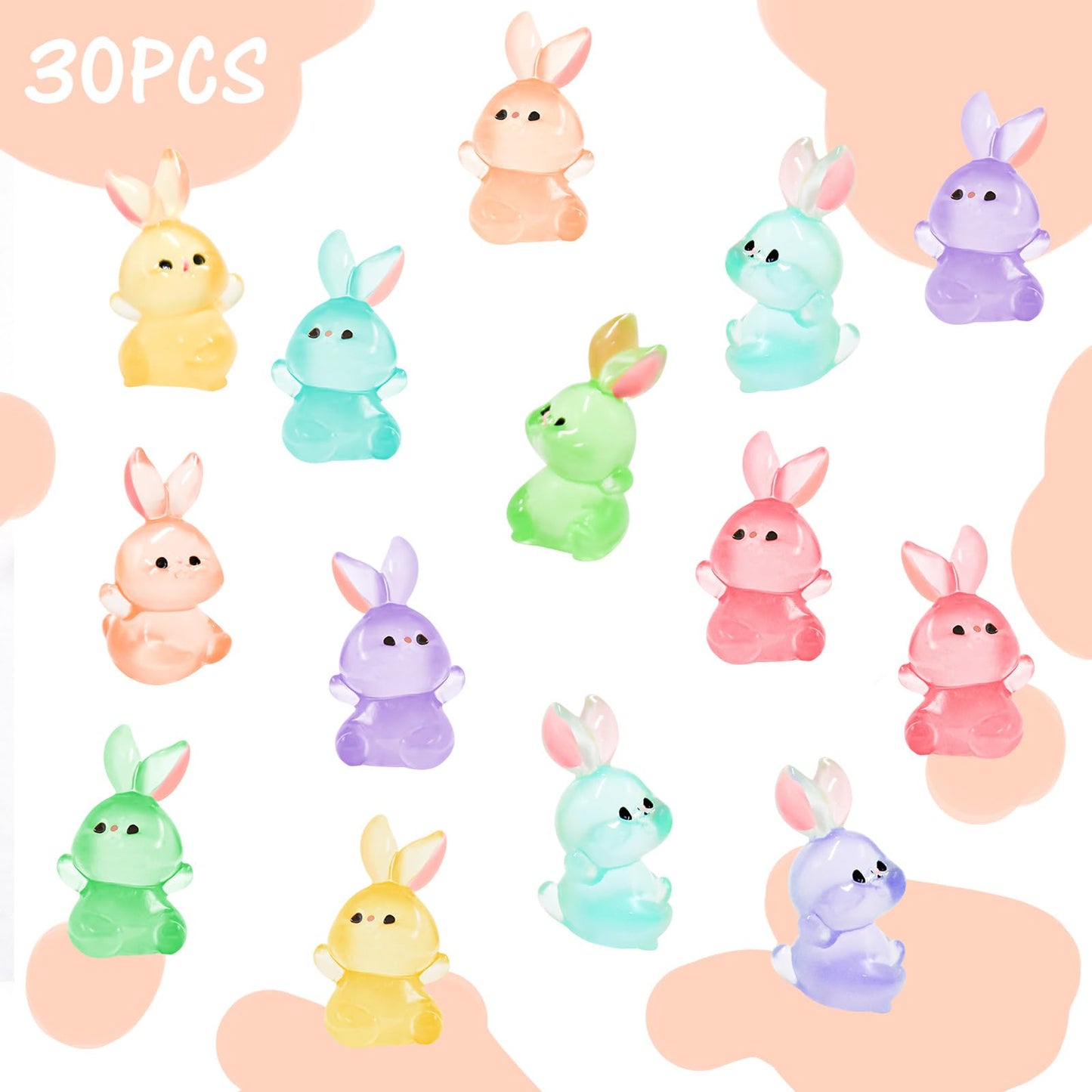 Homico 30 Pieces Rabbit Miniature Figurines Luminous Mini Easter Bunny Small Rabbits Mini Resin Animals For Dollhouse Fairy Gard