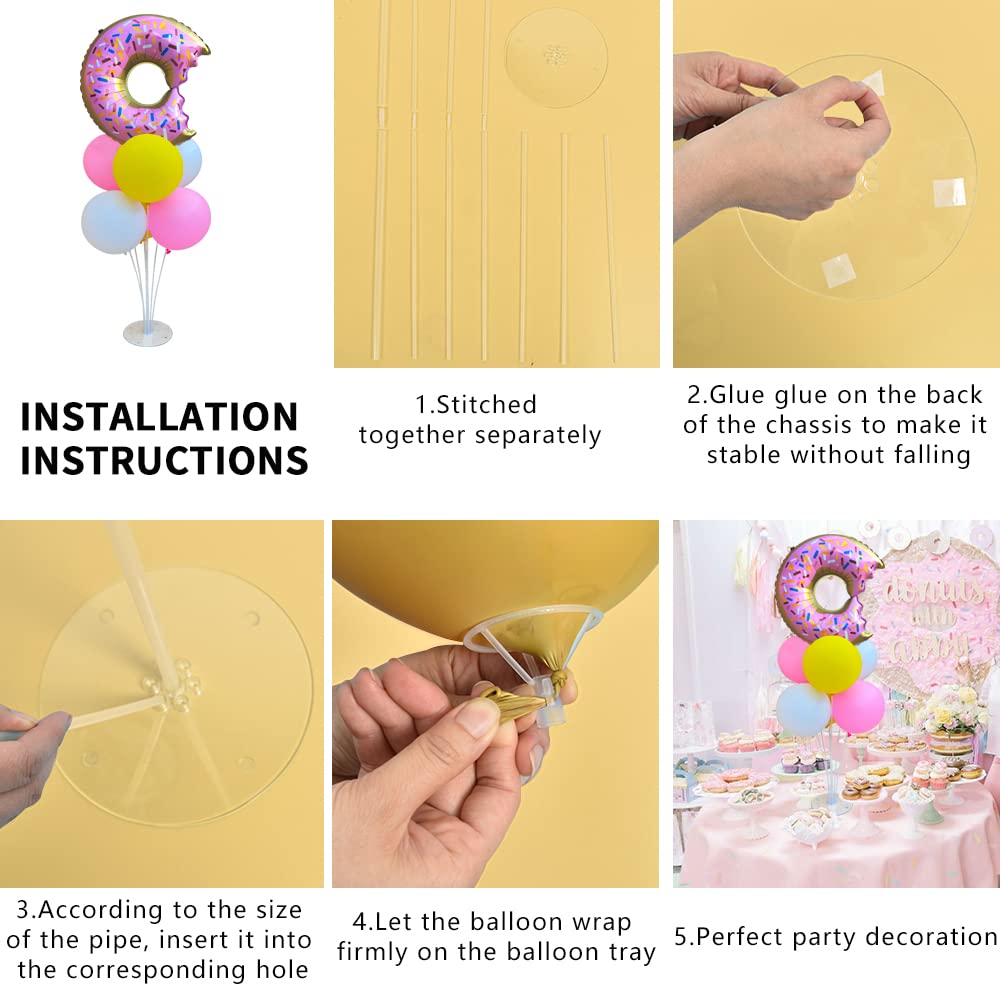 Donut Table Centerpiece Balloons Stand Kit 2 Sets With 2 Doughnut Foil Balloons And 14 Latex Pastel Balloons For Donut Time Deco