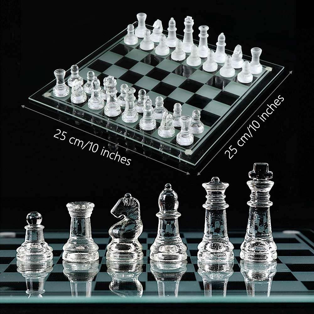 e5e10 Glass Chess Set - 10" Frosted & Clear Pieces, Felted Bottom, Black