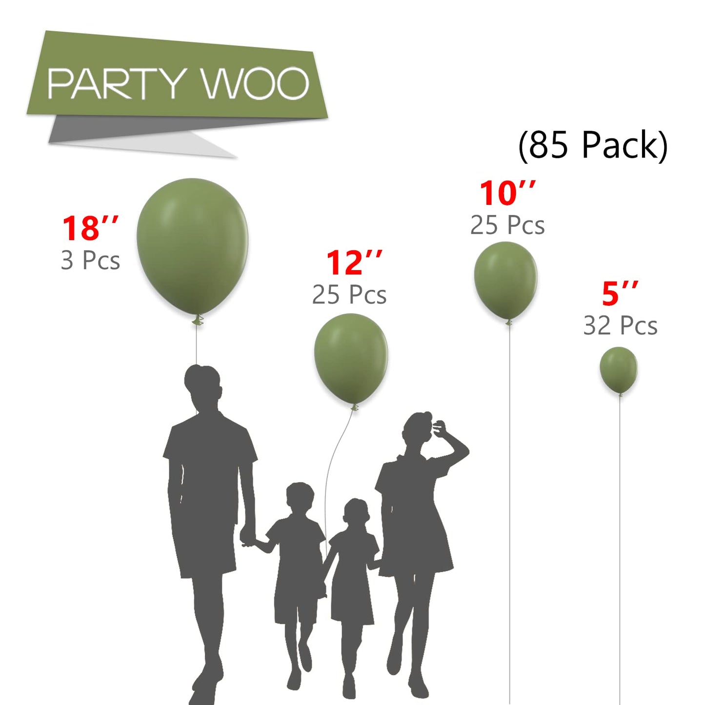 PartyWoo Sage Green Balloons, 85 pcs Rubber Pack - 5" to 18" Matte Green Balloons for Garland or Arch Decorations