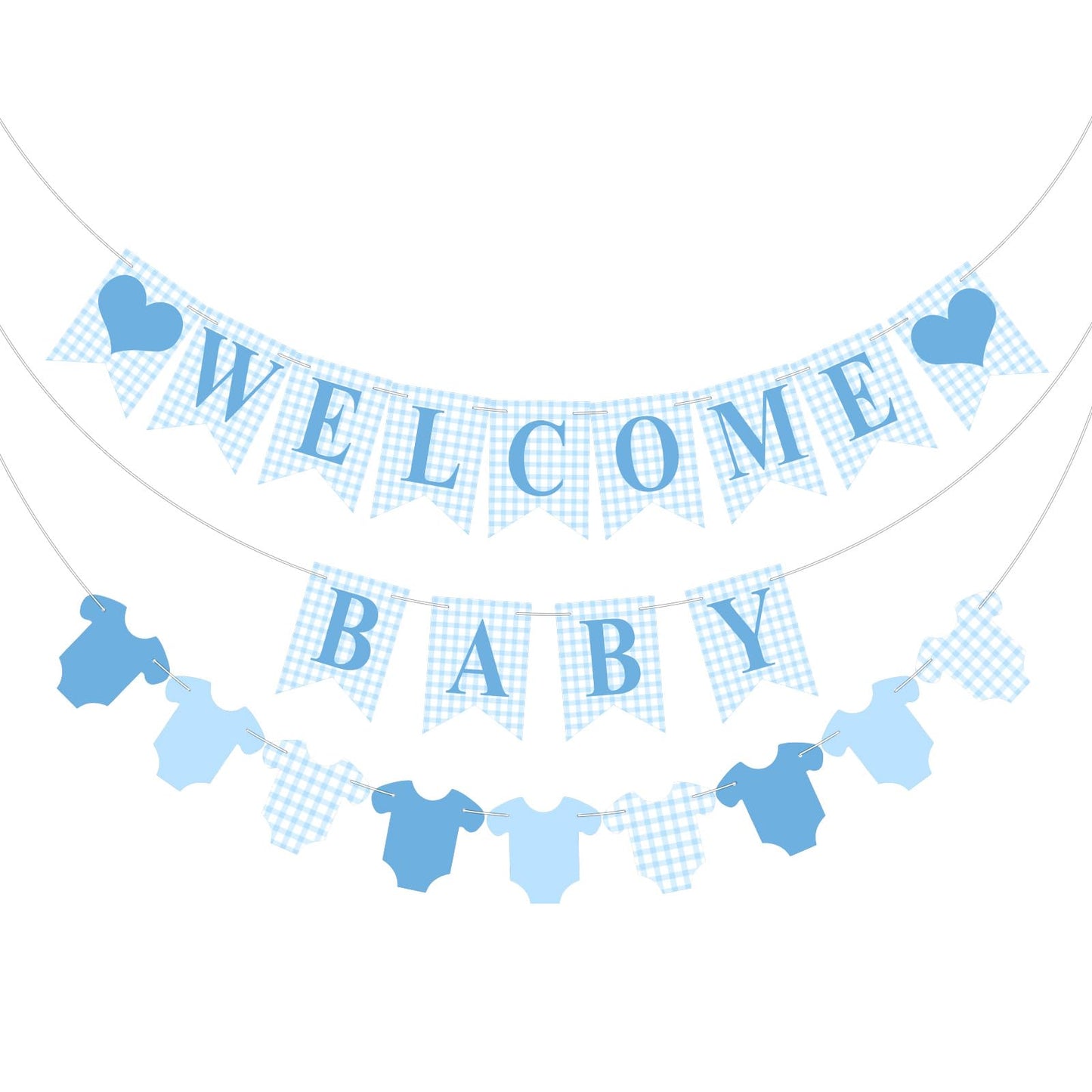 Hahafelt 1 Pcs Blue Gingham Welcome Baby Banner for Party Decorations Blue Pre Strung Baby Shower Gender Reveal Paper Banner for