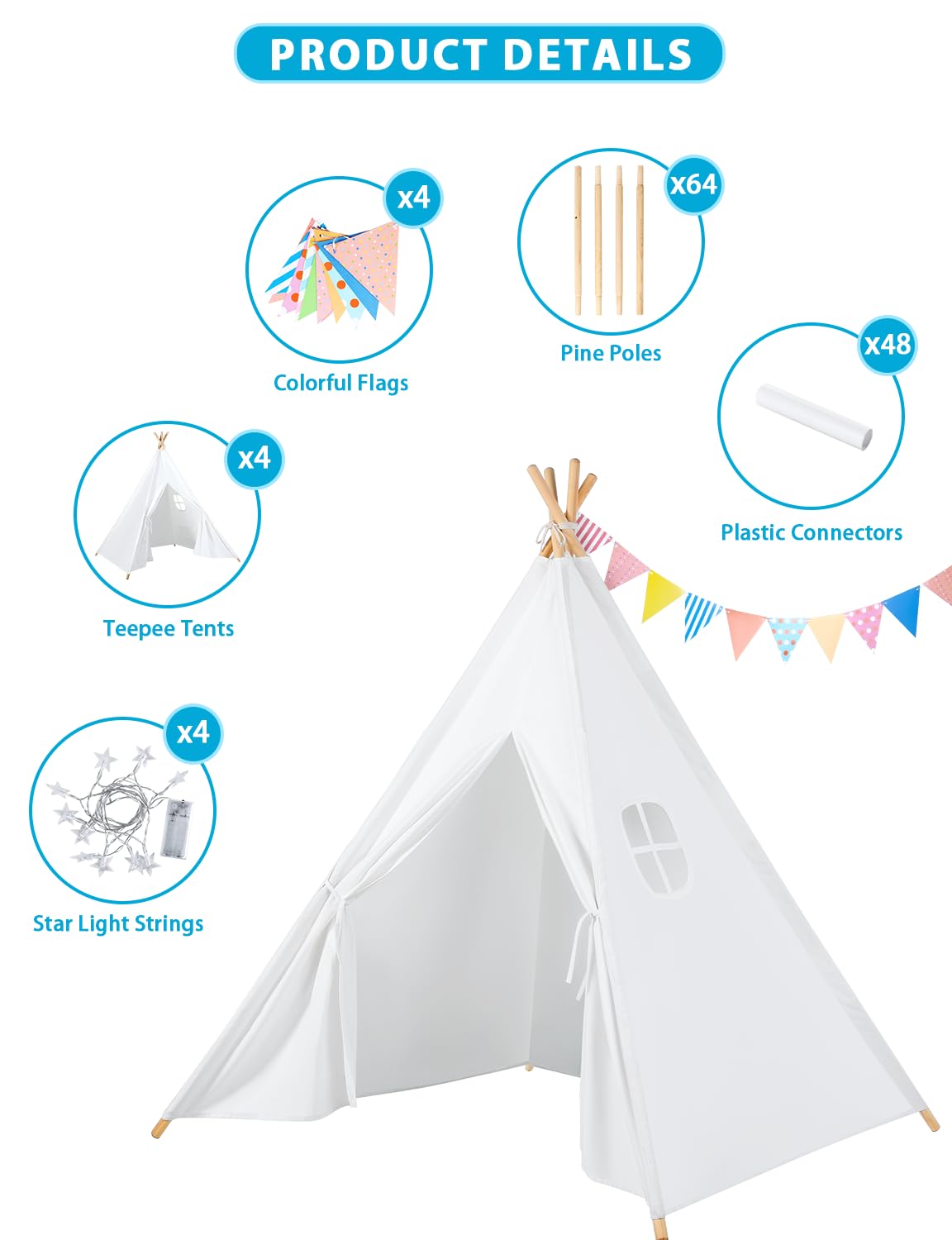 Wilwolfer Teepee Tent for Kids - 4 Pack Portable Playhouse with Star Lights & Color Flags, White Polyester - Toddler Reading Nook Gift