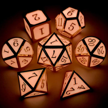 Haxtec Glow in The Dark Metal DND Dice Set Gold Pink D&D Dice for Dungeons and Dragons-Gold Glowing Red/Cream Pink