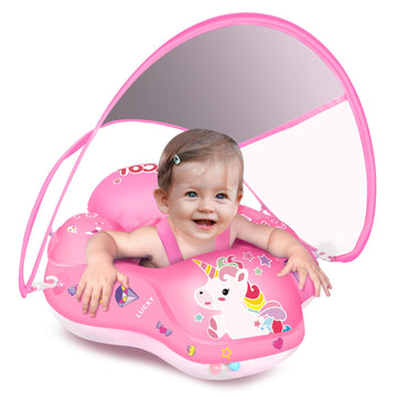 Laycol Baby Swimming Float Inflatable Baby Pool Float Ring With Sun Protection Canopy,Add Tail No Flip Over For Age Of 3-36 Months (Unicorn, S)