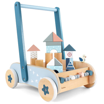 Pairpear Wooden Baby Walker, Baby Push Walker, Montessori Walker Toy With Building Blocks, Adjustable Speed Baby Block Walker Toys For For 1 Year Old And Up Boys And Girls Gift