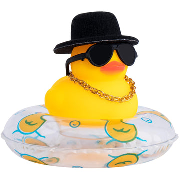 wonuu Car Rubber Duck Decoration - Yellow Duck with Sun Hat, Sunglasses & Swim Ring, Small, Black Top Hat-Transparent