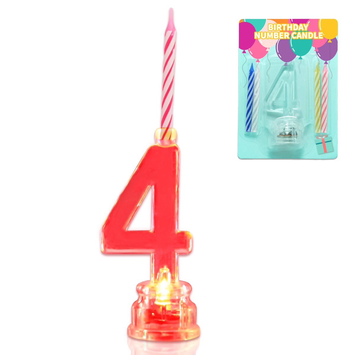 Novelty Place Birthday Number Candle Set, Flashing Multicolor Changing LED Birthday Cake Topper with 4 Wax Candles (Number 4)