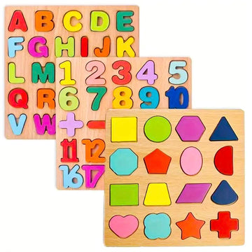 Wishkey Wooden 3D Capital Alphabets, Numbers, And Shapes Board Puzzle, Educational Puzzles For Early Learning, Colorful Toy, Mon