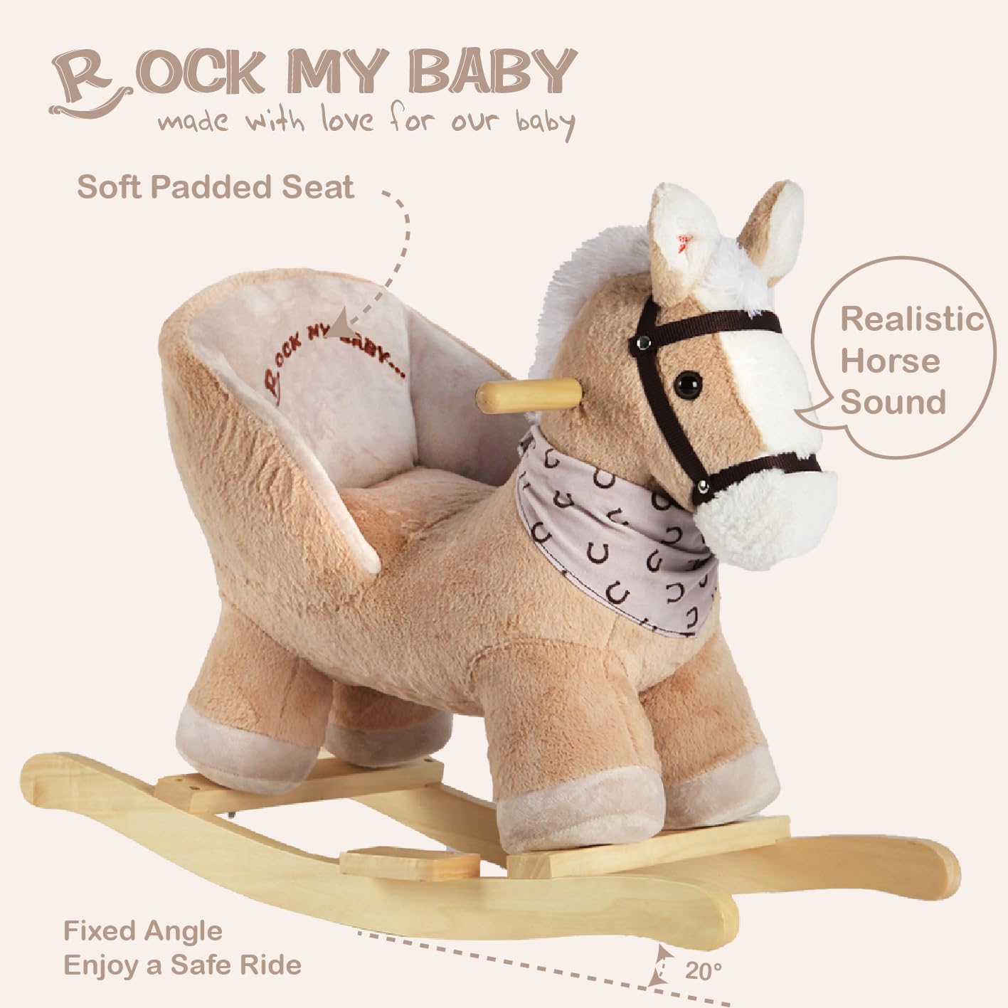 Rock My Baby Rocking Horse, Baby Animal Rocking Horse with Seat, Ride on Horse, Plush Rocking Horse with Realistic Sound, Wooden