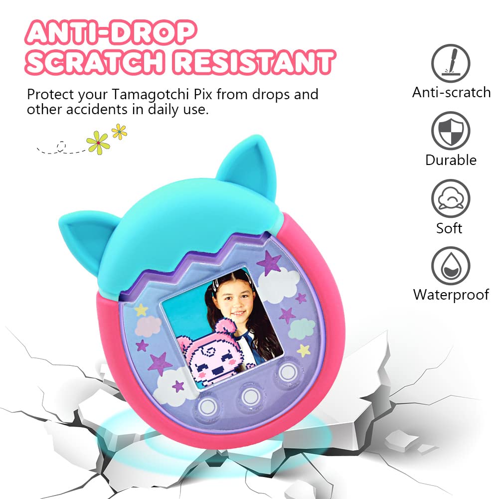 Winceed Silicone Case For Tamagotchi Pix Virtual Pet Game Machine, Protective Cover For Tamagotchi Pix Sleeve Protector Skin With Hand Strap (Turquoise+Pink)