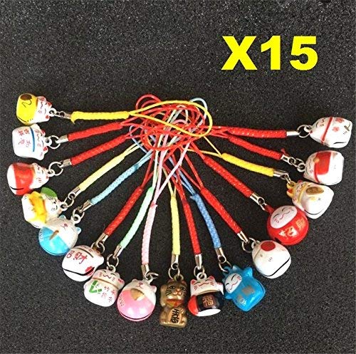Eatingbiting 15Pcs Random Maneki Neko Fortune Lucky Japanese Beckoning Cat Keyring Keychain Key Rings, Fengshui Fortune Lucky Cat Kitty Key Chains Wealth Health Fortune Rich Money Symbol 15 Pack
