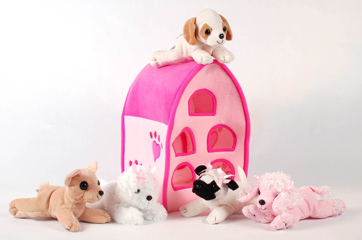 Unipak Sfs Gift Bundle - 12' Plush Pink Dog House Carrying Case With Five (5) Stuffed Animal Dogs (Pink Poodle, Pug, Chihuahua, Beagle, And White Terrier) + Five Mini Puppy Figures