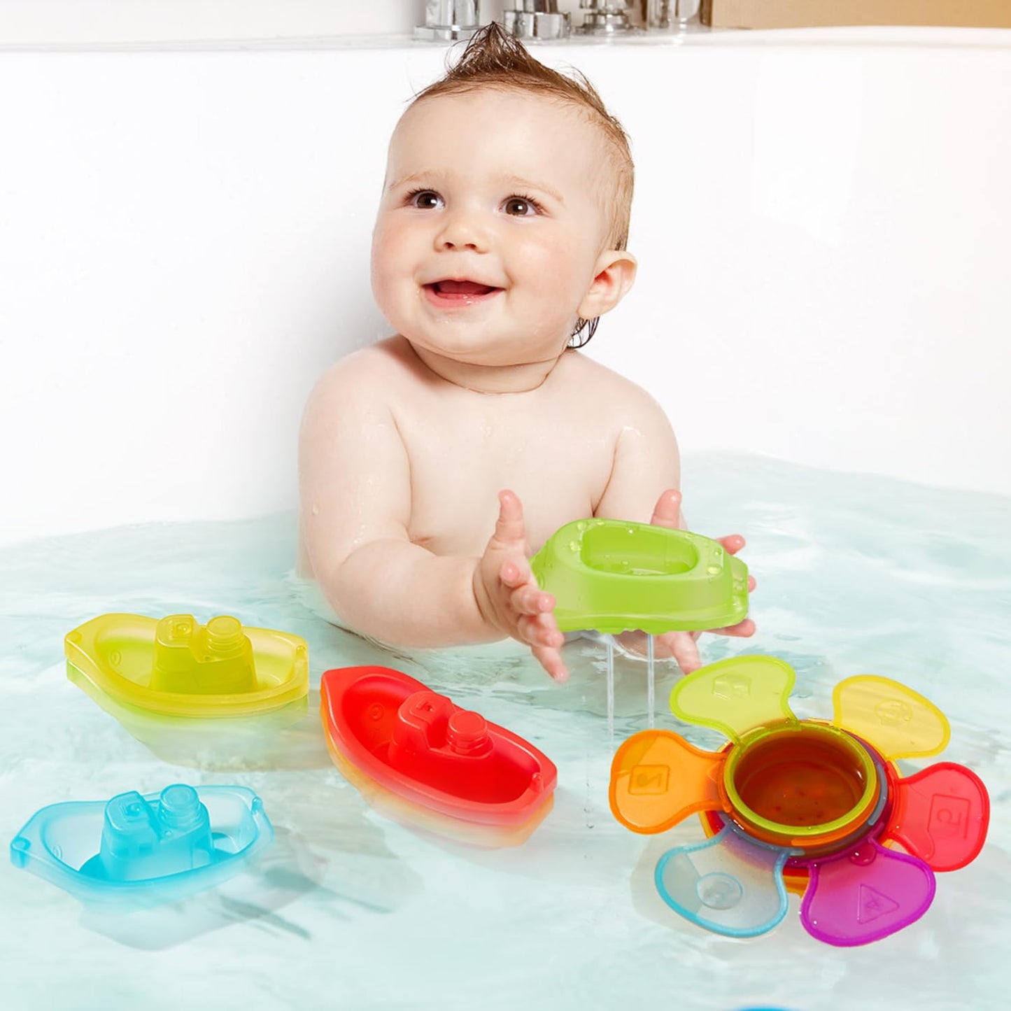 Baby Bath Toys For Kids Ages 1-3, 11 Pcs Mold Free Toddler Bath Toys For 2-4 Bathtub Water Table Pool Toys Rainbow Stackable Boats And Spoons For Babies 6-12 Months Early Learning Educational Gift