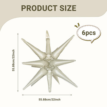 6 Pcs Cream Color Star Foil Balloons One-Piece 14-Pointed Star Balloons 4D Starburst Cone Mylar Balloons 22Inch Christmas Birthd