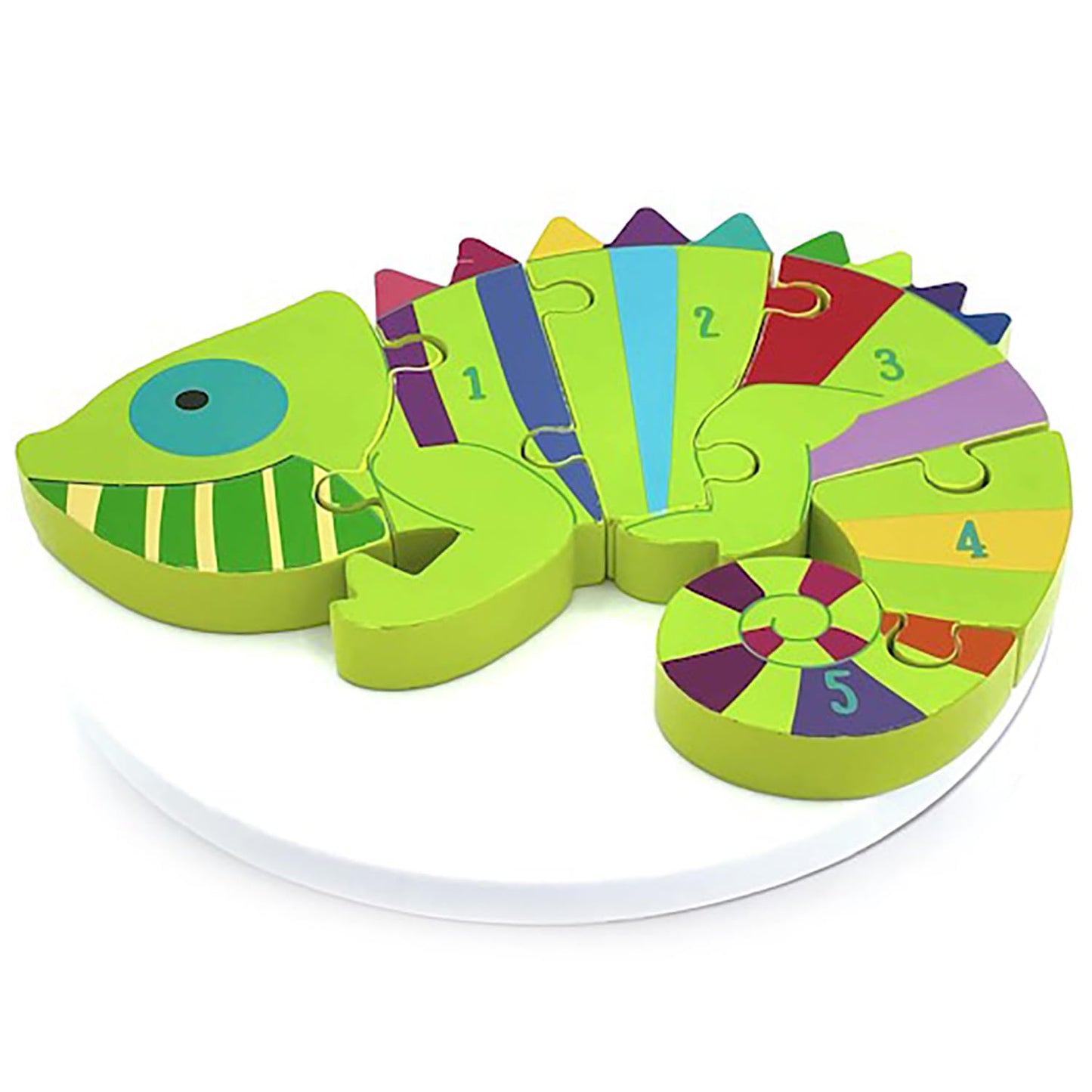 Orange Tree Toys: Chameleon Number Puzzle - 6 Piece Wooden Animal Shaped Puzzle, Learn Numbers 1-5, Colorful Educational Toy, To