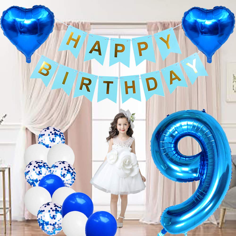 Huture 9 Birthday Party Supplies Blue Number 9 Foil Balloon Happy Birthday Banner Kit 9Th Birthday Decoration White Blue Latex C