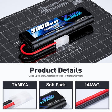 Zeee 7.2V 5000mAh NiMH Battery with Tamiya Plug 6-Cell Rechargeable Battery Pack High Power for RC Car Truck Truggy Buggy Associ