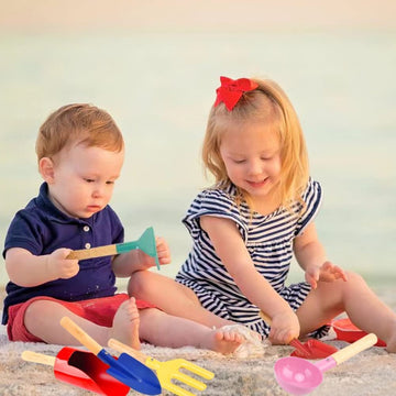 UMUACCAN 4 Piece Kids Beach Tools,Children Beach Sandbox Toys, Made of Metal with Sturdy Wooden Handle,Safe Beach Gardening Set,