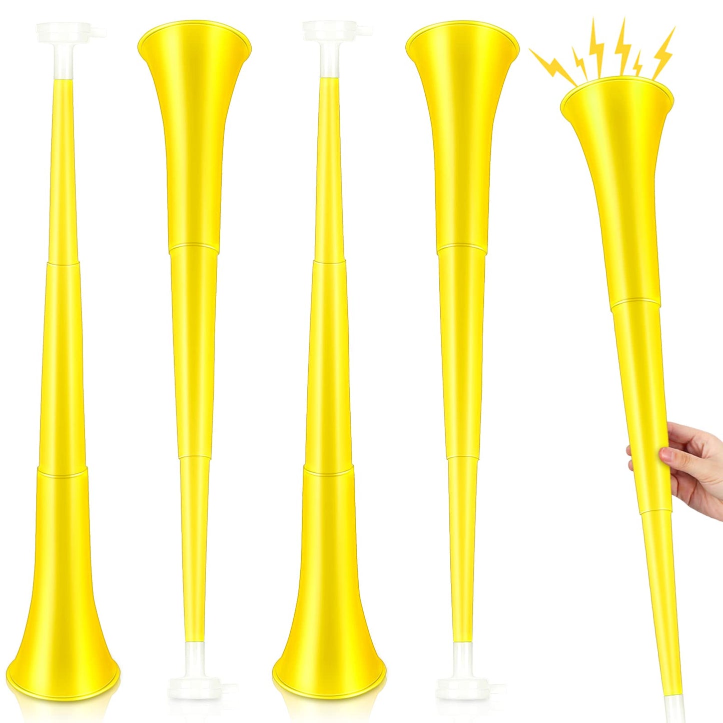 Sosation 4 Pieces Collapsible Stadium Horn 24 Inch Vuvuzela Plastic Trumpet Horn Blow Noisemakers For Sporting Events Graduation Games School Sports Party Supplies Favors Accessories(Yellow)