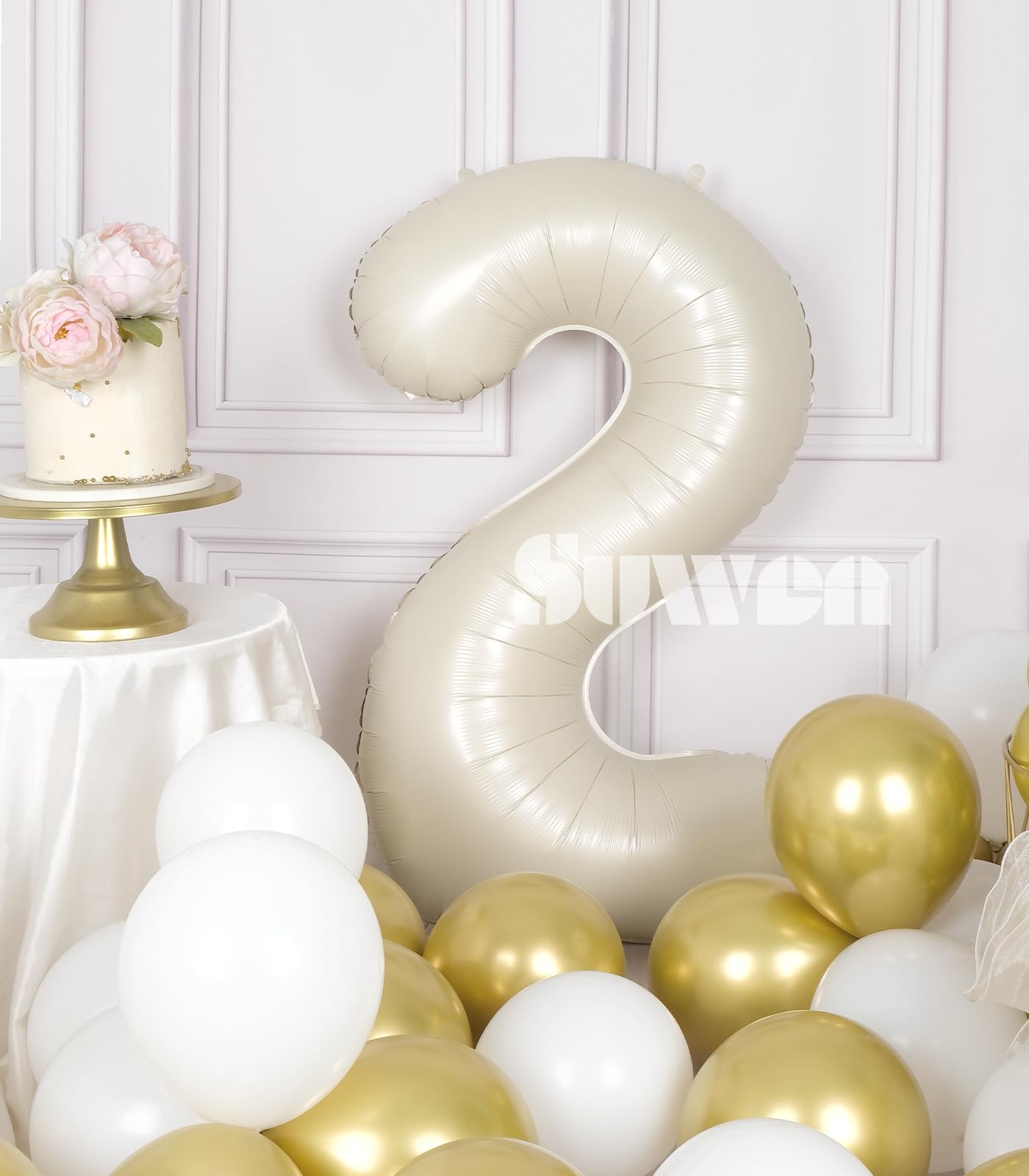 Suwen 40 Inch Cream White Large 2 Number Balloons Big Foil Helium Number Balloons 0-9 Jumbo Happy 2Nd Mylar Birthday Party Decor
