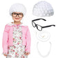 Keymall Kids Old Lady Costume Set Old Granny Wig Eyeglasses Chain Necklace For Halloween Costume 100Th Day Of School Dress Up For Kids 3-8