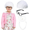 Keymall Kids Old Lady Costume Set Old Granny Wig Eyeglasses Chain Necklace For Halloween Costume 100Th Day Of School Dress Up For Kids 3-8