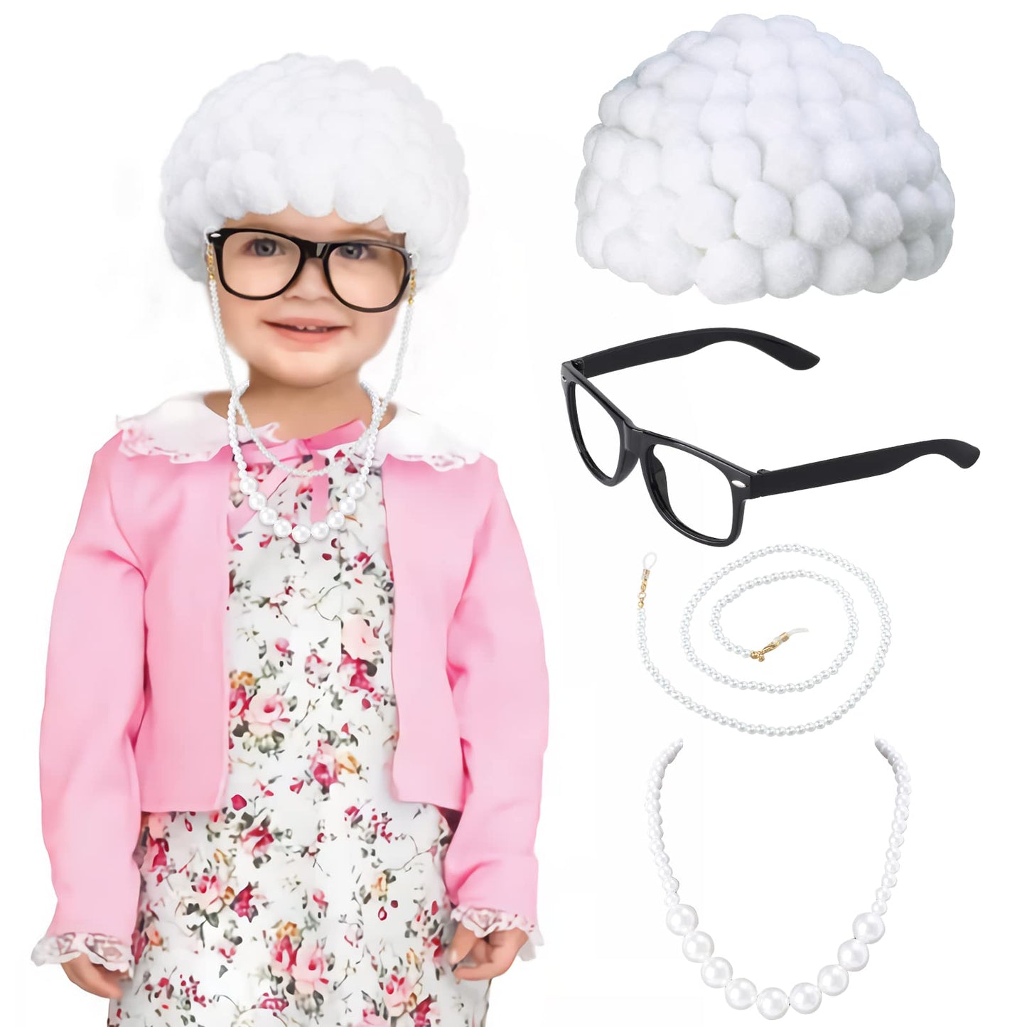 Keymall Kids Old Lady Costume Set Old Granny Wig Eyeglasses Chain Necklace For Halloween Costume 100Th Day Of School Dress Up For Kids 3-8