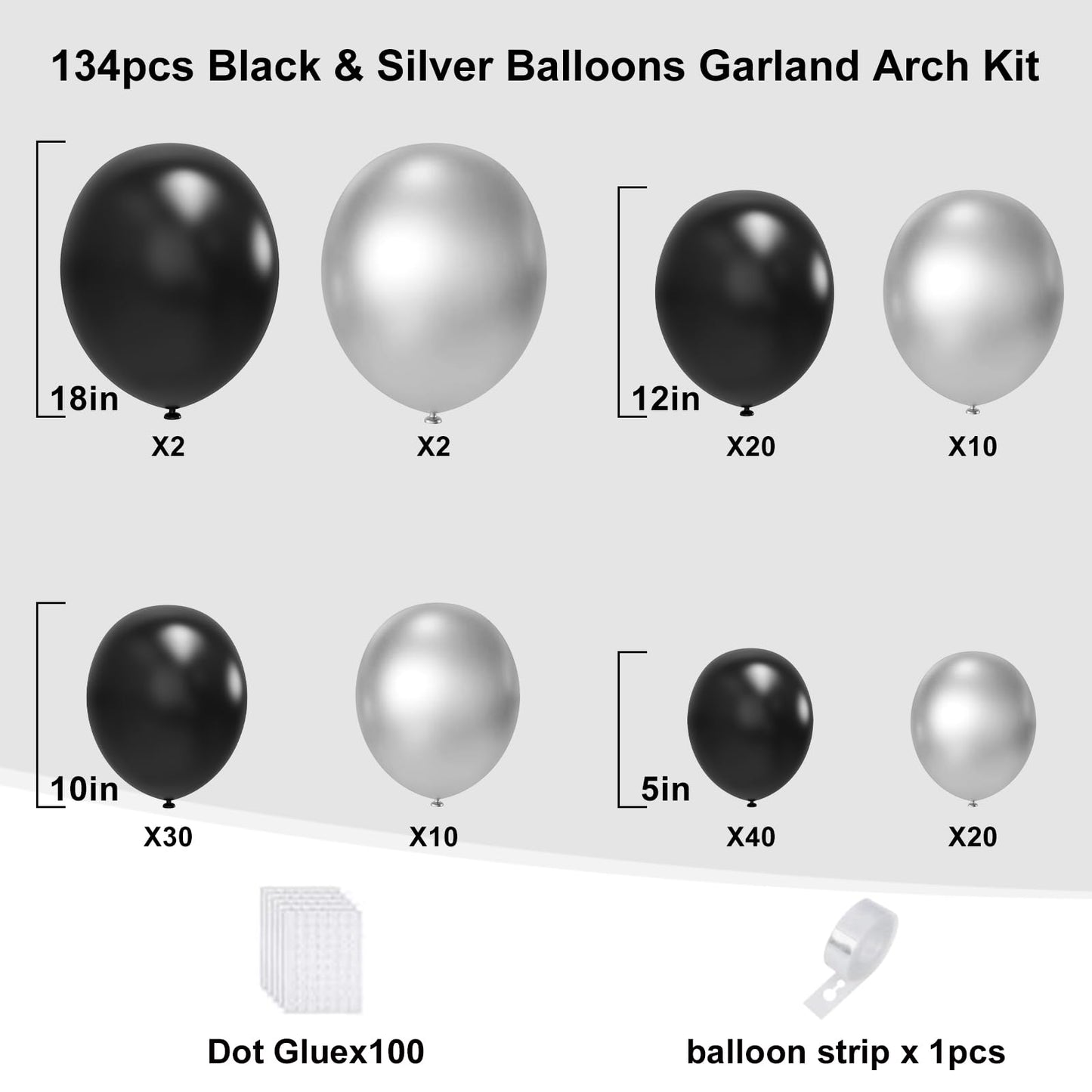 Black And Silver Balloons Arch Garland Kit, 134Pcs Metallic Chrome Silver And Black Balloons With Different Size For Birthday, G