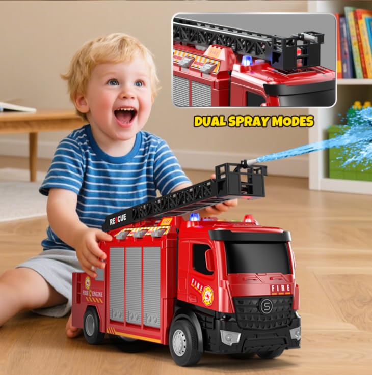 Lehoo Castle Fire Truck Toy with Rotating Ladder, Lights & Sounds, 3.84"x6"x10.8", Plastic, Perfect Gift for Boys Ages 2-5