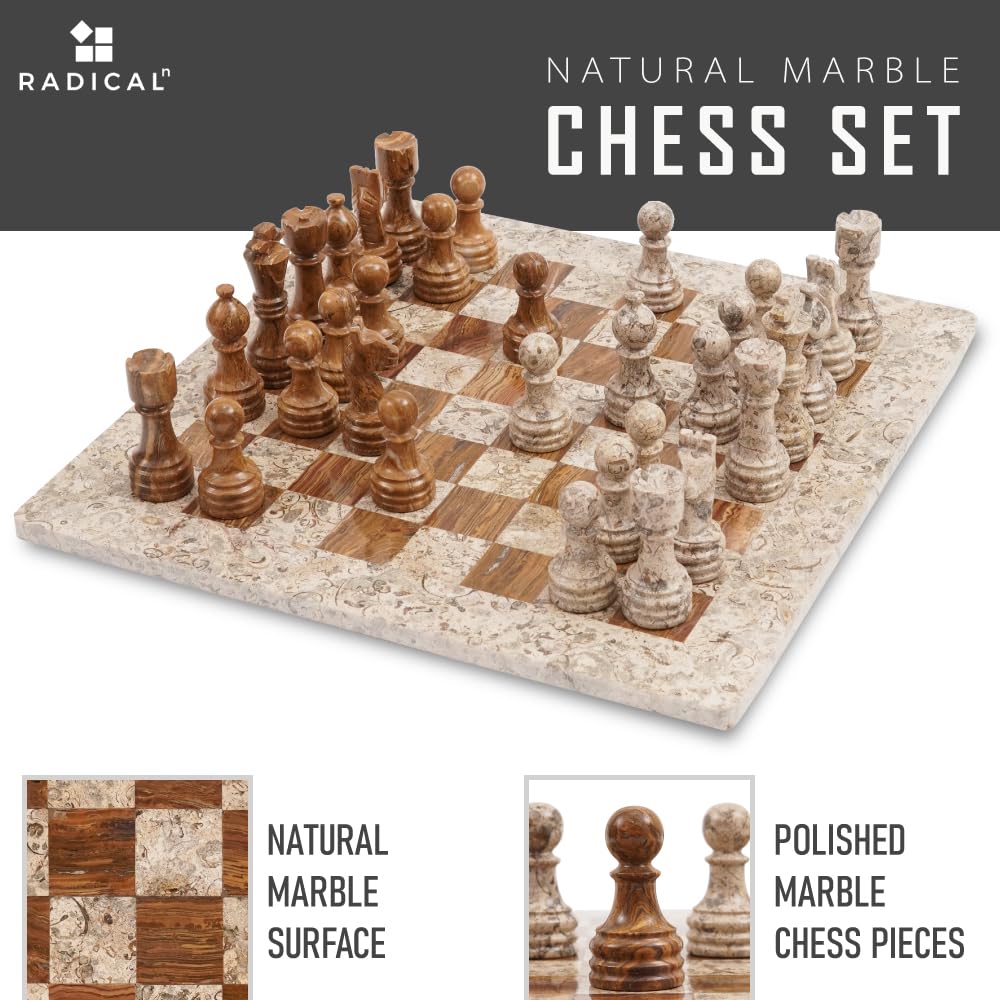 Radicaln Marble Chess Set 15 Inches Fossil Coral And Dark Brown Handmade Board Game Chess Sets For Adults - Travel Chess Game Se