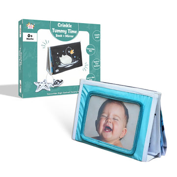 5-In-1 Baby Tummy Time Crinkle Book & Convertible High-Contrast Mat With Rattles & Mirror | Sensory Book For Newborns & Infants 