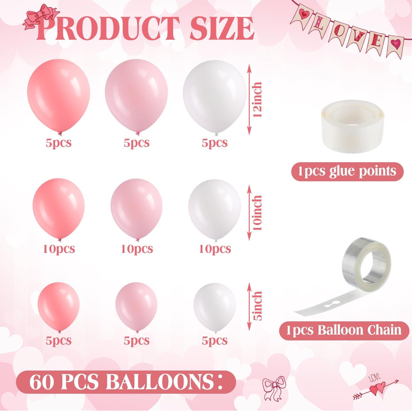 Gejoy 60 Pack Pink Bow Balloon Garland Kit - 12", 10", 5" Balloons with 27.5" Satin Bow for Wedding, Baby Shower, Bachelorette Decor