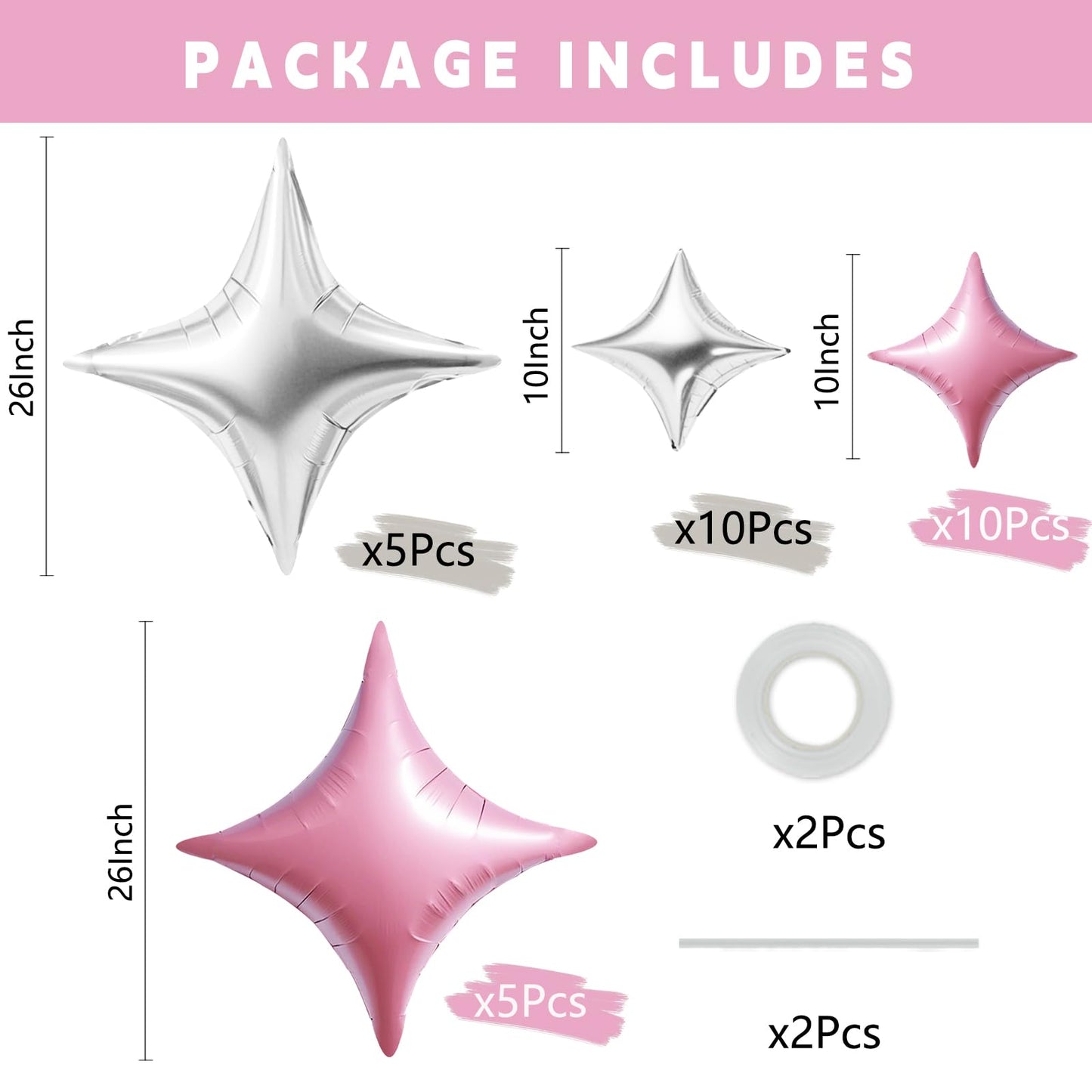 TONIFUL 30Pcs 26In&10In Star Balloons Pink and Silver Four Pointed Star Shape Foil Balloons Mini Star Mylar Balloons for Birthda