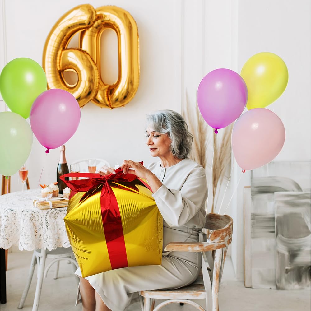 Deermon Large 4 Piece Gold Christmas Square Shape Gift Box Party Balloons With Red Ribbon, Present Cube Gift Box Mylar Party Dec