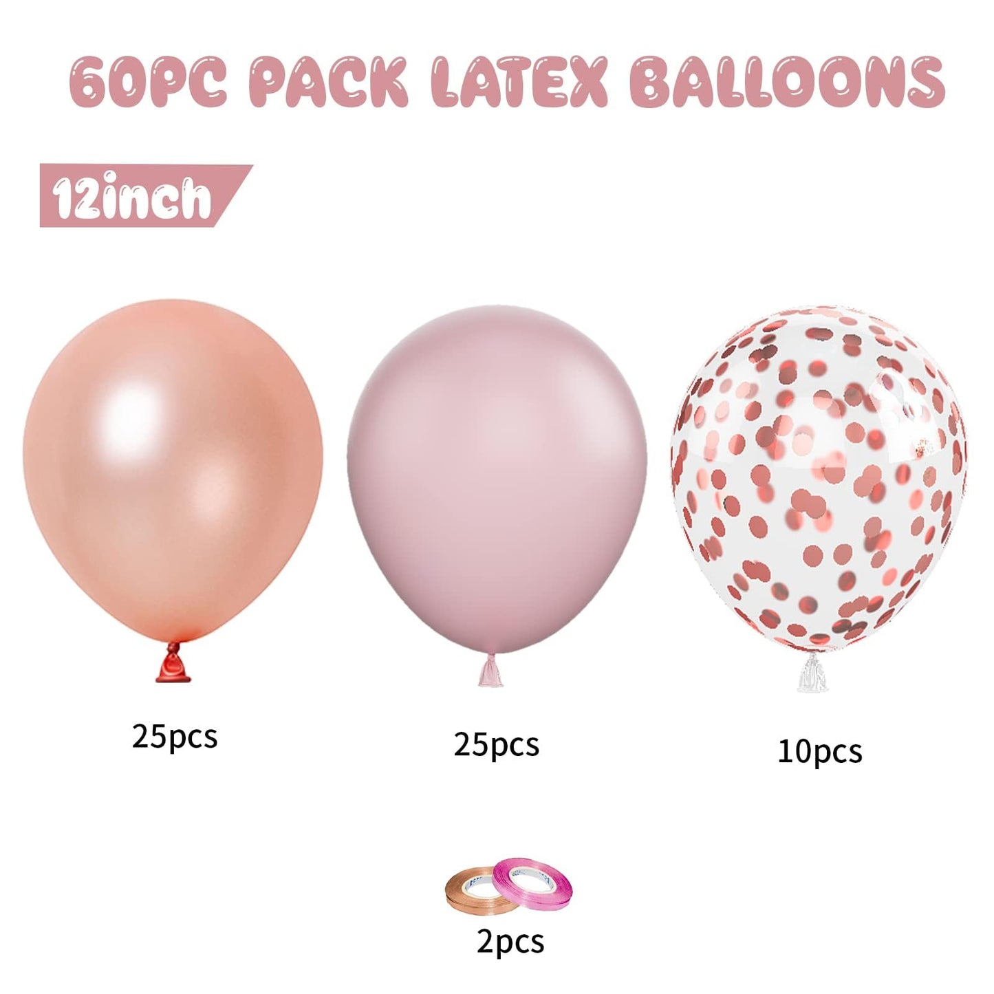 Rose Gold Pink Balloons, 60 Pcs 12 Inch Rose Gold Pastel Pink Birthday Balloons With Rose Gold Confetti Balloons, Pink Helium Ba