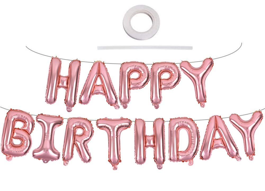 TONIFUL Rose Gold Happy Birthday Balloons Banner, 16 Inch Mylar Foil Letters Birthday Sign Banner Ballon Bunting Reusable for Gi